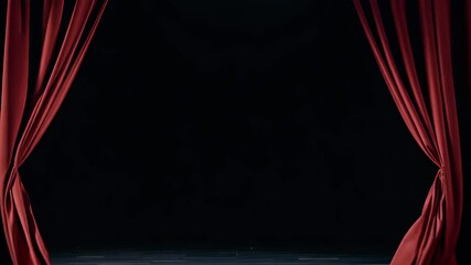 dramatic curtain effect as red velvet curtains pull back to expose a deep black background