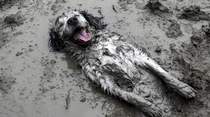 a dog covered in mud lies on the ground, looking happy.