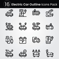 Electric Car line editable icon set. Editable stroke. Vector illustration.
