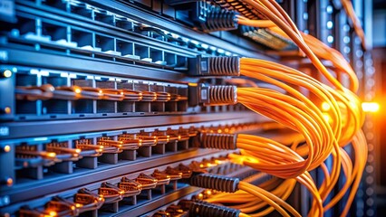 Silhouette Server Rack: Orange Fiber Optic Cables Close-Up