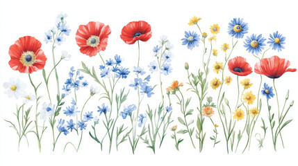 Fototapeta premium Set of decorative elements with flowers chamomile, poppies and cornflowers, can be used as wrapping or card for greeting invitation wedding birthday Easter 