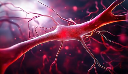 A close-up microscopic image of a red vascular or neural architecture, intended for use in medical education, health promotion, and as a conceptual and background pattern for scientific research.