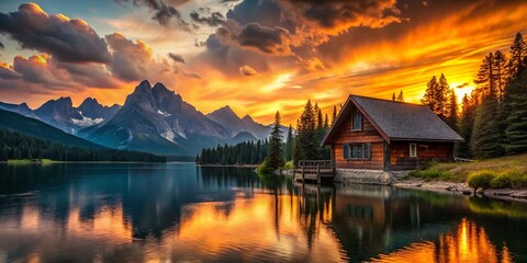 Fototapeta premium Silhouette Wooden House on Alpine Lake at Sunset - Dramatic Mountain Landscape Stock Photo