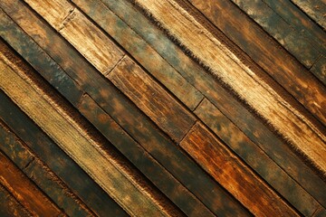 Diagonal arrangement of weathered, dark brown wooden planks with visible grain and texture.
