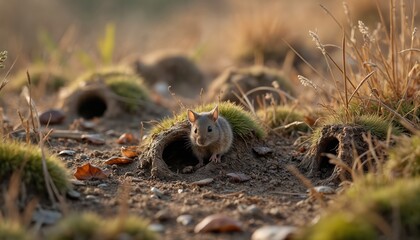 Obraz premium Cute field mouse sits near burrow entrance in autumn meadow. Tiny rodent among fallen leaves, dry grass at sunset. Wild animal habitat, ecosystem observation, rodent control in agriculture.