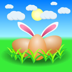 Easter Background. Grass, eggs, rabbit and landscape