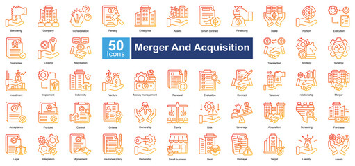Naklejka premium Merger and Acquisition icon set in Glyph Gradient style, featuring 50 icons of investment, negotiation, strategy, and business takeover. Perfect for corporate finance, legal, and business planning.