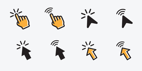 Fototapeta premium Computer mouse click cursor icon set. Hand and arrow pointer cursor with black and yellow color.