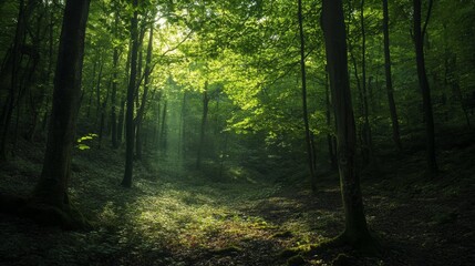 Obraz premium Verdant Forest Path: Deep Shadows Sunlit Glade and Woodland Trees 