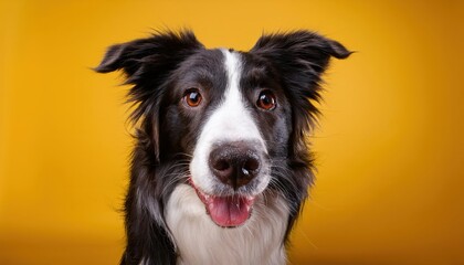 Border Collie Pose Against Vibrant Yellow Backdrop at Sunrise Playful and Energetic Canine Embracing the Warm Morning Light in a Striking Isolated Setup