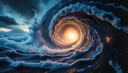 Swirling ocean wave capturing sunlight for blogs, websites, artistic designs, environmental awareness, ocean conservation, presentations, and digital art projects