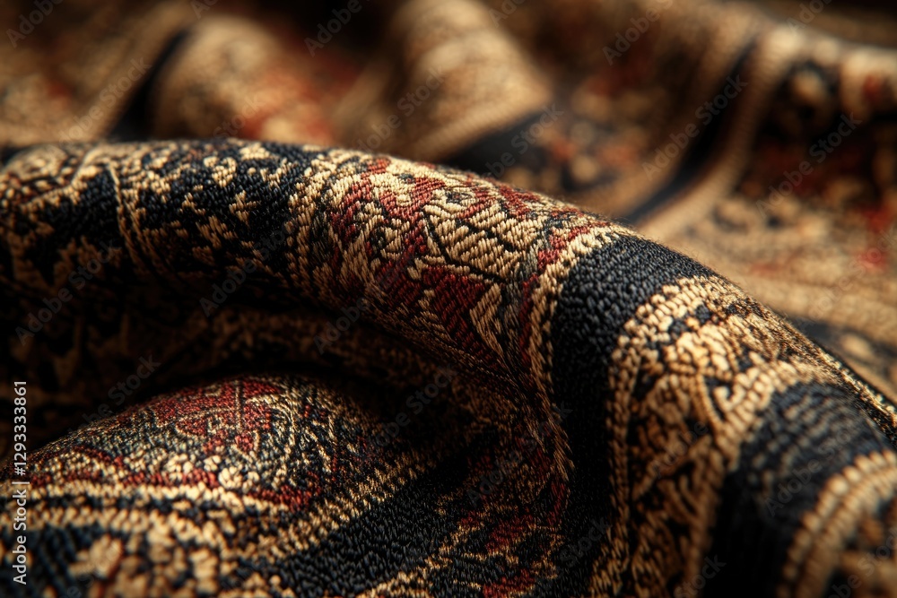 Poster close-up of intricately woven fabric with a rich tapestry pattern in earth tones.