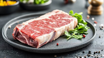 Fototapeta premium Raw Strip Steak on Dark Plate Gourmet Food Photography