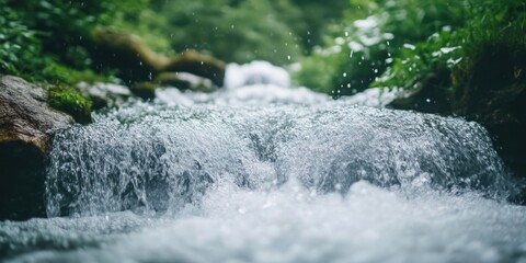 Water flowing rapidly over moss-covered rocks
