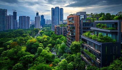 Obraz premium Green city skyline, urban park, sunset