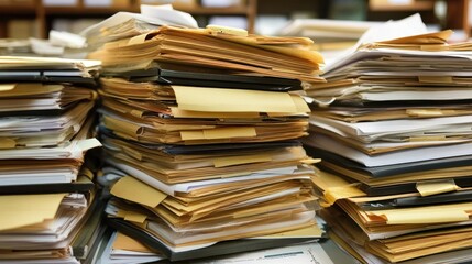 Fototapeta premium Two large stacks of disorganized paperwork and files on a desk.