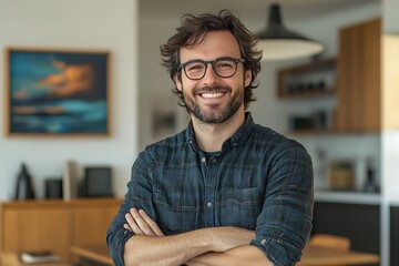 Fototapeta premium Smiling Man, Indoor Portrait, Home, Art