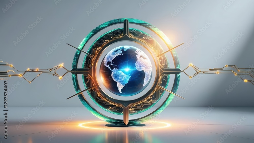Poster futuristic planet with advanced interface displaying data and information in a high-tech style