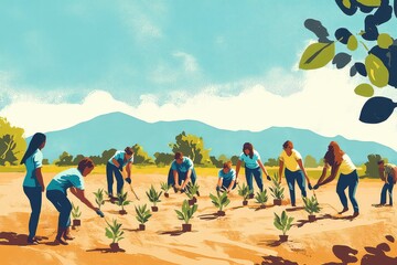 Obraz premium A multicultural team working together on a reforestation project, planting seedlings in a barren field.