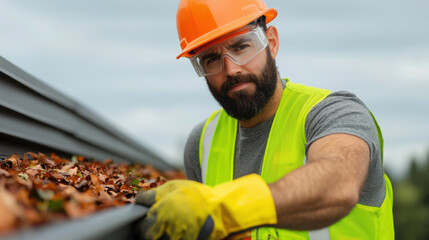 Worker in safety gear cleaning gutters filled with leaves, showing focus and determination