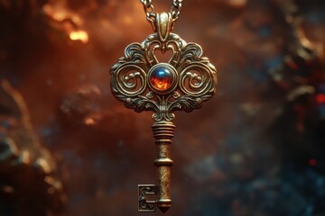 Fototapeta premium Intricately designed golden key with a gemstone pendant surrounded by a mystical backdrop in a darkened setting
