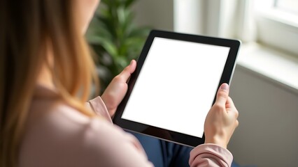 Woman Holding Blank Tablet at Home, Cozy Modern Lifestyle, Digital Mockup Scene