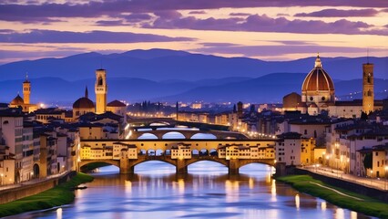Fototapeta premium 1. Nighttime View from a Wooden Terrace Overlooking Illuminated Florence, Italy