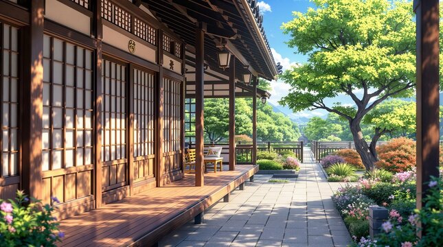 Beautiful view of an engawa of a traditional Japanese house with garden