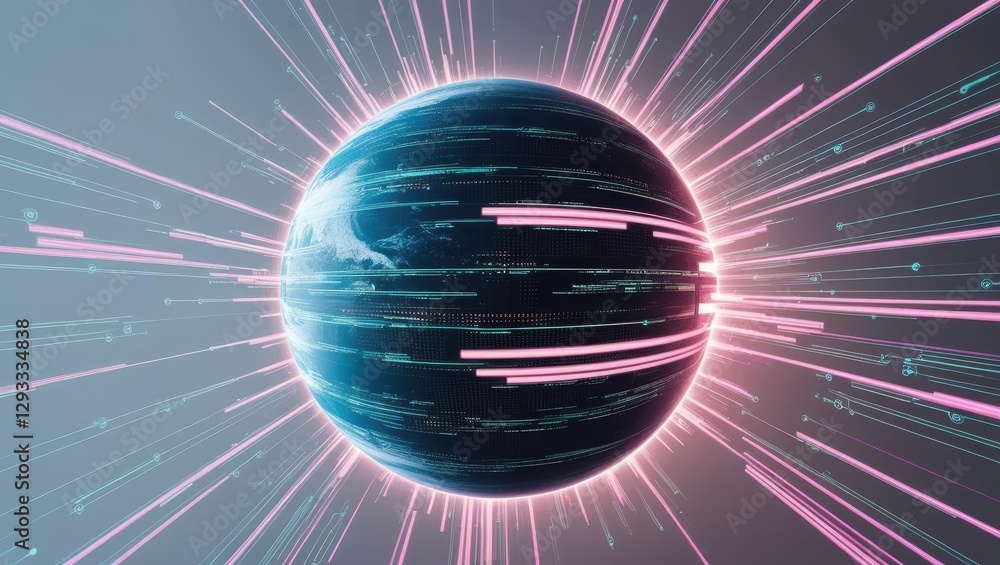 Poster sphere surrounded by lines depicting dynamic movement and interaction in a high-tech digital world