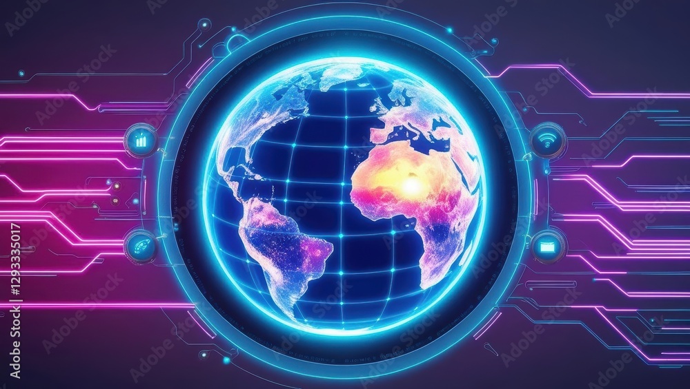 Poster earth rendered in a futuristic interface with high-tech graphics and interactive features displayed