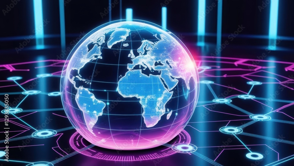 Poster globe surrounded by a complex network of interconnected lines illustrating global connectivity