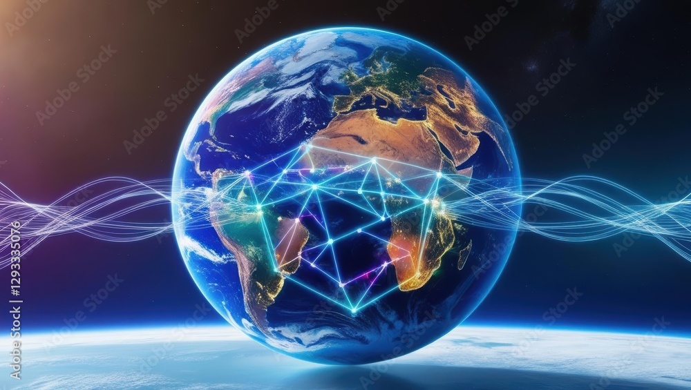 Poster earth showcasing an intricate web of network lines representing global communication and exchange