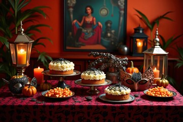 Fototapeta premium A vibrant Halloween feast on a table with spider-web cakes, candy corn, and eerie masks. Art Deco Interior Style.