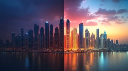 Fototapeta premium Dramatic skyline split between dusk and dawn.