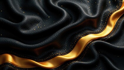 Luxurious black & gold textile, flowing abstract pattern, draped, wave