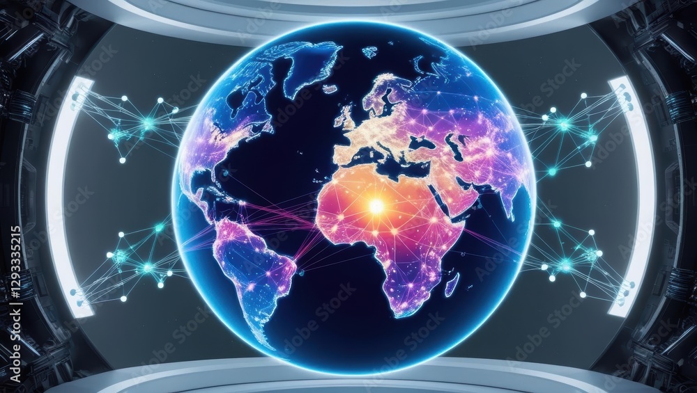 Poster world globe surrounded by a dynamic network of connections illustrating global interactivity
