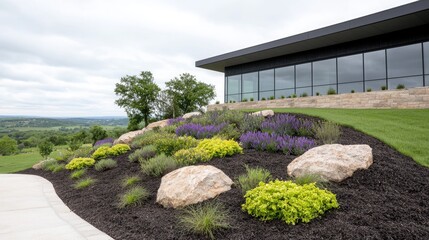 Fototapeta premium Modern building with large glass windows overlooks a landscaped hillside garden with lavender and rocks.