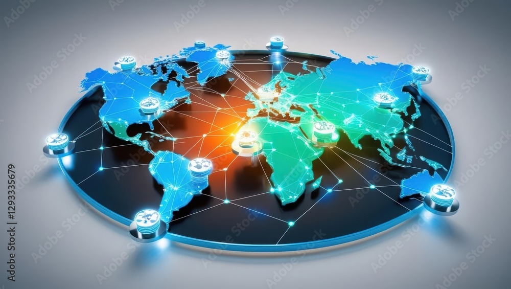 Poster world map with glowing globe in the center symbolizing global connectivity and digital interaction