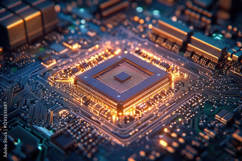 Fototapete Close-up of a computer processor glowing brightly on a circuit board, showcasing intricate circuitry and technological advancement.