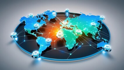 World map with glowing globe in the center symbolizing global connectivity and digital interaction