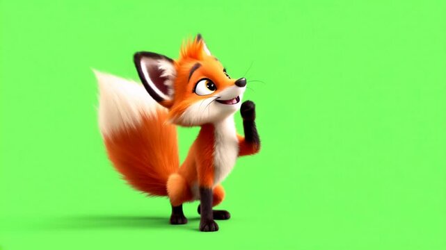 Cheerful cartoon fox character standing against a bright green background, playful and vibrant