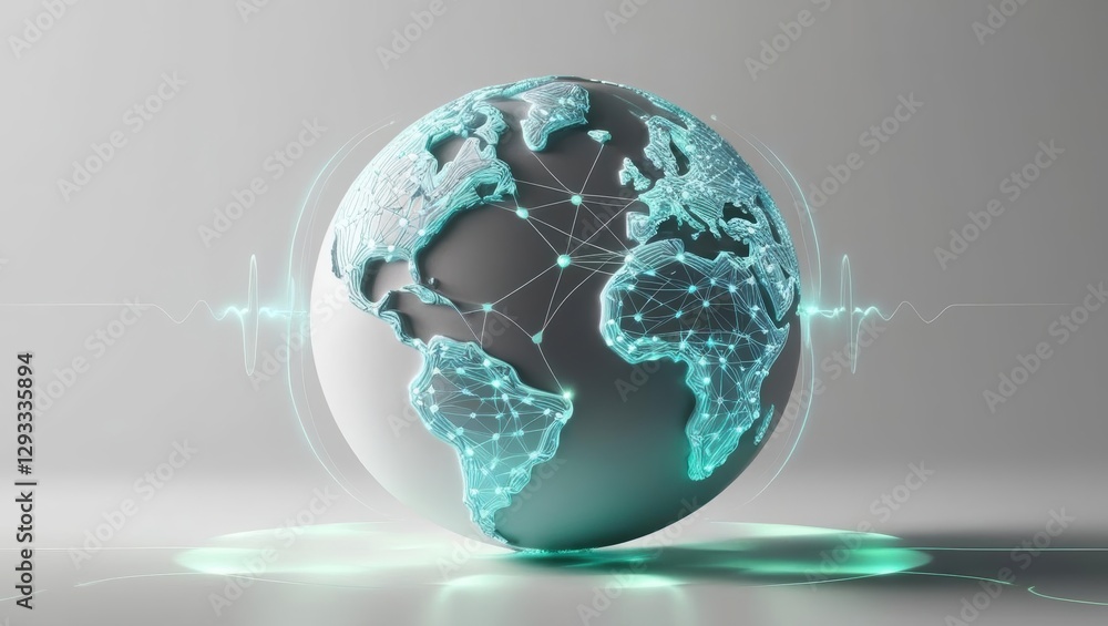 Poster globe featuring a network of connected lines symbolizing global interactions and digital communicati