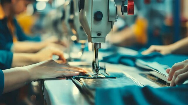 Hands working on a sewing machine, stitching fabric in a bustling textile manufacturing factory