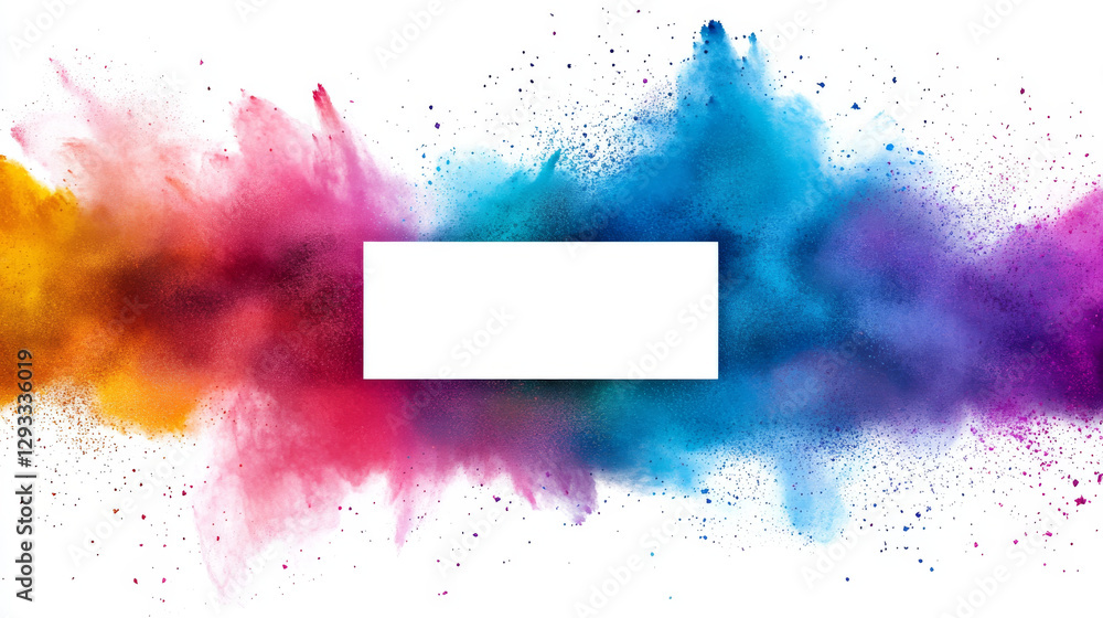 Poster color powder explosions. splash of paint dust with white round banner. vector realistic clouds of co