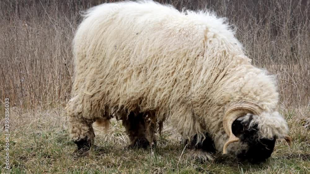 Poster another variation of alpine sheep grazing in an open pasture, capturing their calm movement and natu