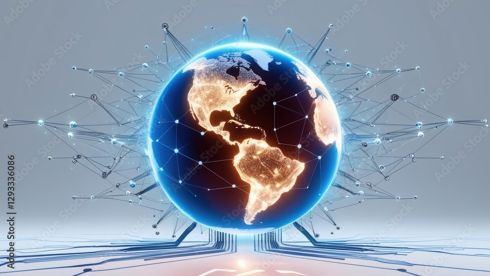 Poster earth with connected lines and connections illustrating global networks and digital interactions