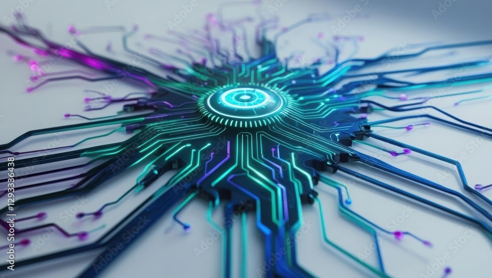 Poster computer chip with blue and green light emitting from its surface in a high-tech environment