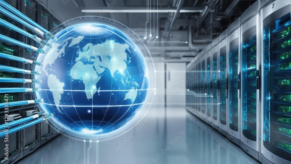 Poster globe positioned in a server room surrounded by racks of servers and data processing equipment