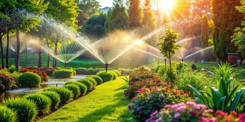 Obraz premium Smart Automatic Garden Irrigation System with Rotating Sprinklers