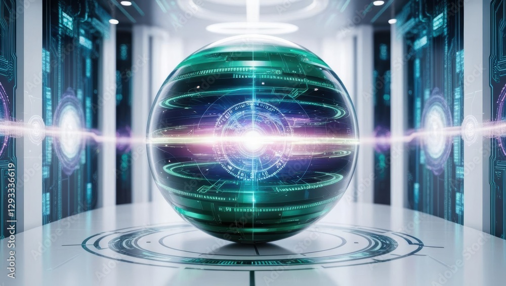 Poster sphere with a futuristic interface in the background creating a high-tech visual experience